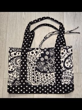 Talbots Black & White Paisley and Polka Dot Tote